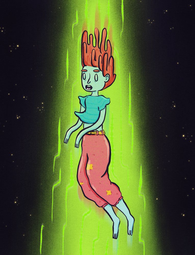 An illustration of a girl being beamed up to what we can assume is an alien spaceship.