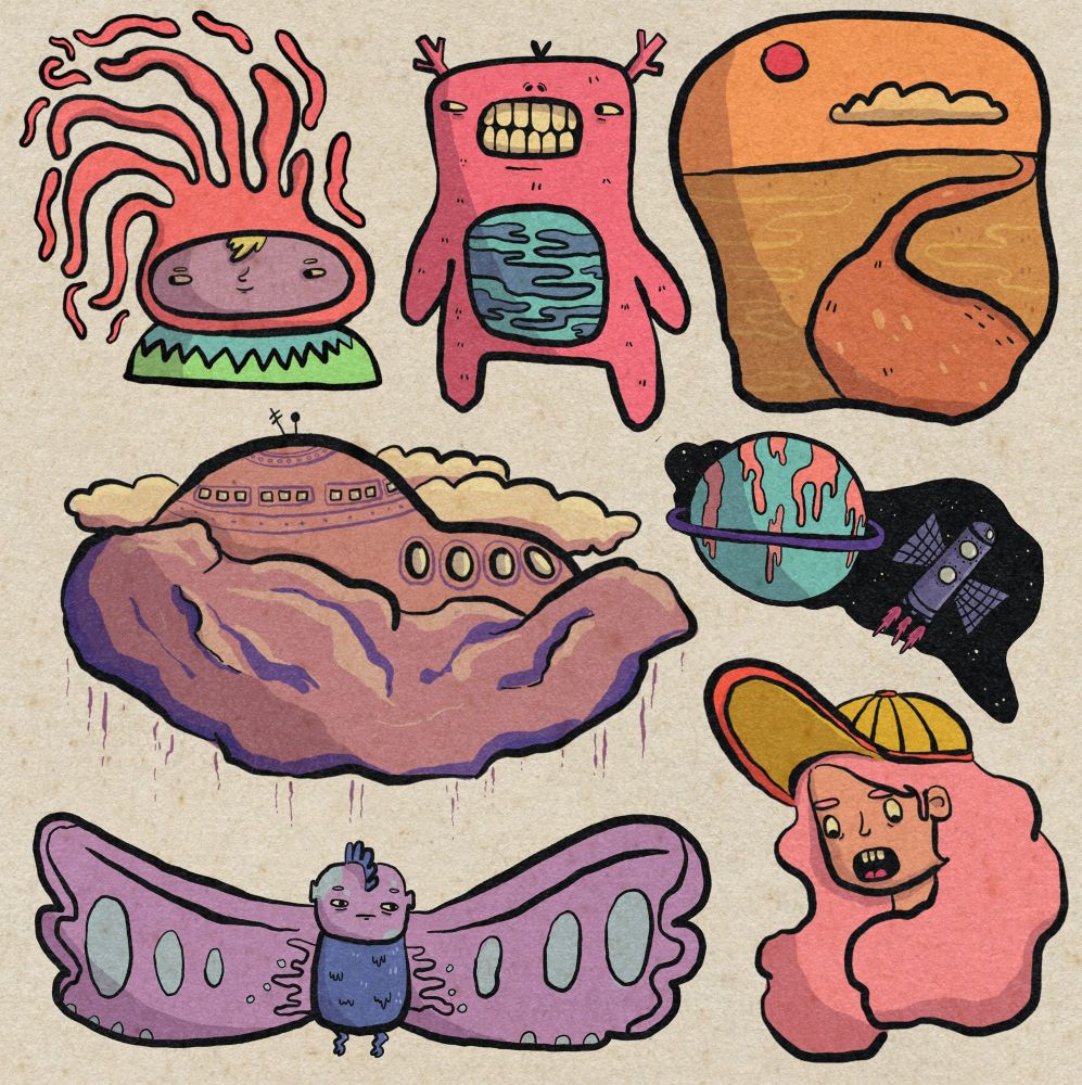 A collection of digital drawings of weird alien creatures, a small landscape, a space ship and planet and a girl with pink hair looking very shocked.