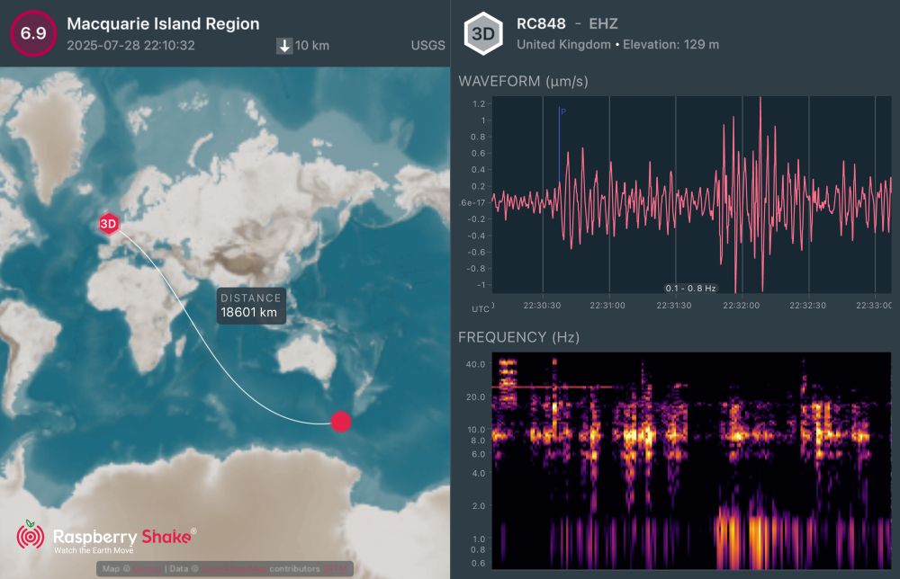 Earthquake diagrams. 
Map of wavepath from source to receiver, seismogram of vertical component of ground motion velocity and spectrogram showing frequency content against time. 

22:10:32UTC 2025/07/28 M6.9 Macquarie Islands region earthquake
