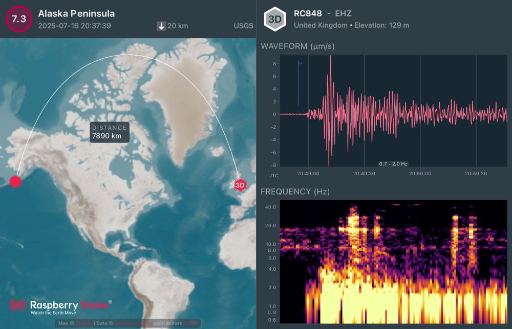 Earthquake diagrams. 
Map of wavepath from source to receiver, seismogram of vertical component of ground motion velocity and spectrogram showing frequency content against time. 

20:37:39UTC 2025/07/16 M7.3 Alaska earthquake