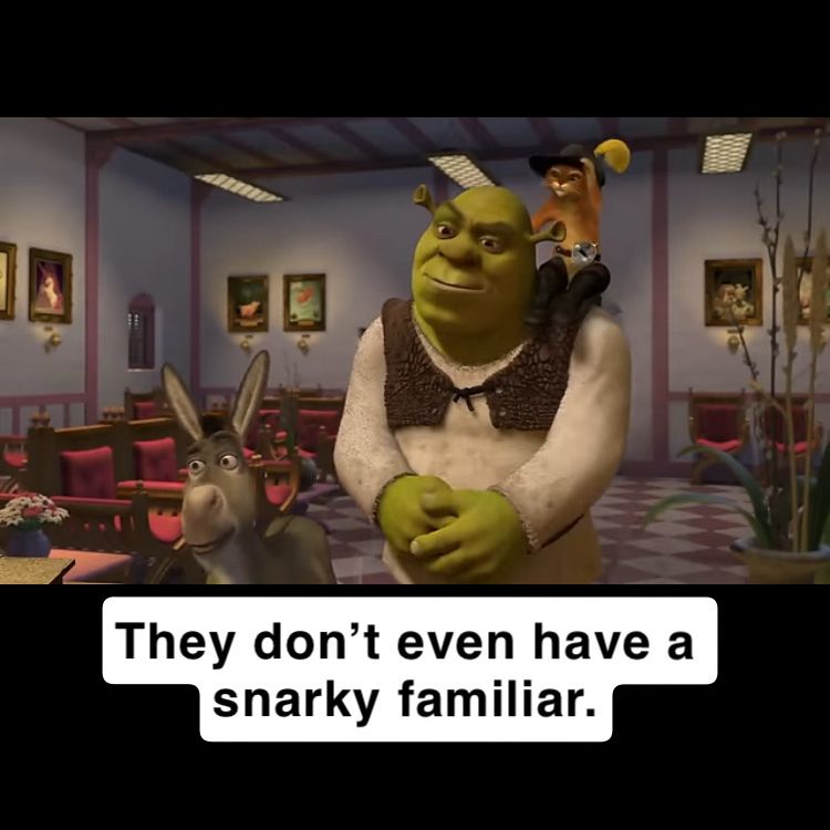 A Shrek screenshot says “They don’t even have a snarky familiar” 

This replaces the meme content “they don’t even have dental” which jokes that a book should include a snarky familiar