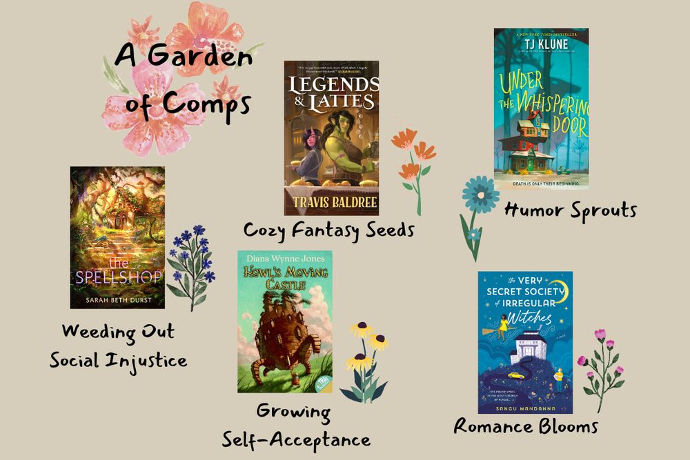 A Garden of Comps is written in the top corner. Covers of novels are surrounded by wildflower pictures with words underneath. They are: Legends & Lattes: Cozy Fantasy Seeds, Under the Whispering Door: Humor Sprouts, The Very Secret Society of Irregular Witches: Romance Blooms, Howl's Moving Castle: Growing Self-Acceptance, The Spellshop: Weeding Out Social Injustice