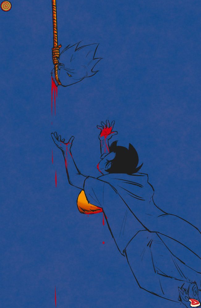 Artwork of Dirk and John with grey line art on a cloudy blue background. The candy symbol is on the top left corner, while the meat symbol is on the bottom right corner.
Dirk's decapitated head bleeding from the neck while hanging on a golden noose tied tightly around his neck. His orange eyes are slightly open looking at John below.
John is floating and facing up at Dirk with his own blood on his face, chest and hands, trying to reach Dirk. A large gold tooth is stuck in his chest.