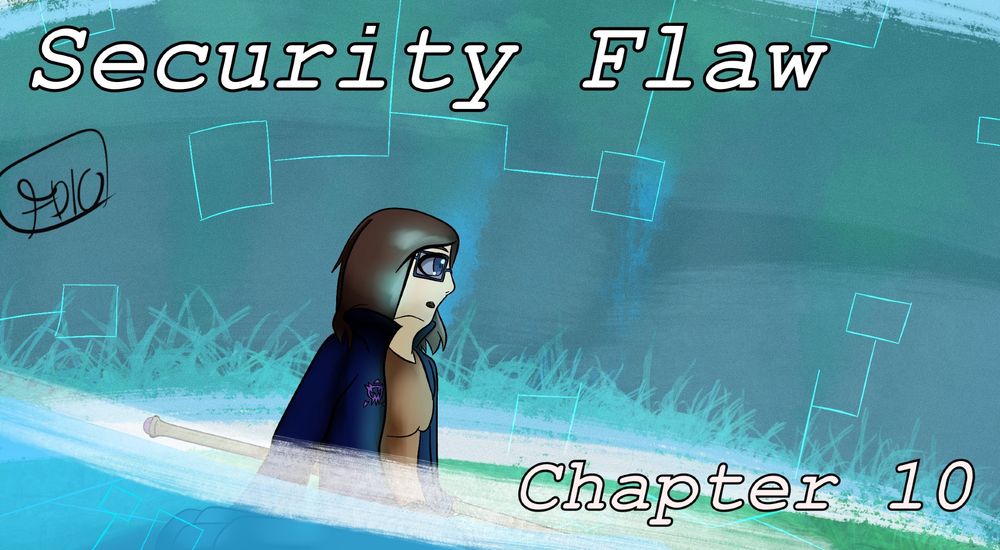 Poke (brunette, white, navy hoodless jacket, orange shirt, navy glasses) is sitting in a forest with a blue barrier rising around her. The barrier is semi transparent with teal lines and squares patterned throughout the barrier. The canon portal can faintly be seen through the trees.