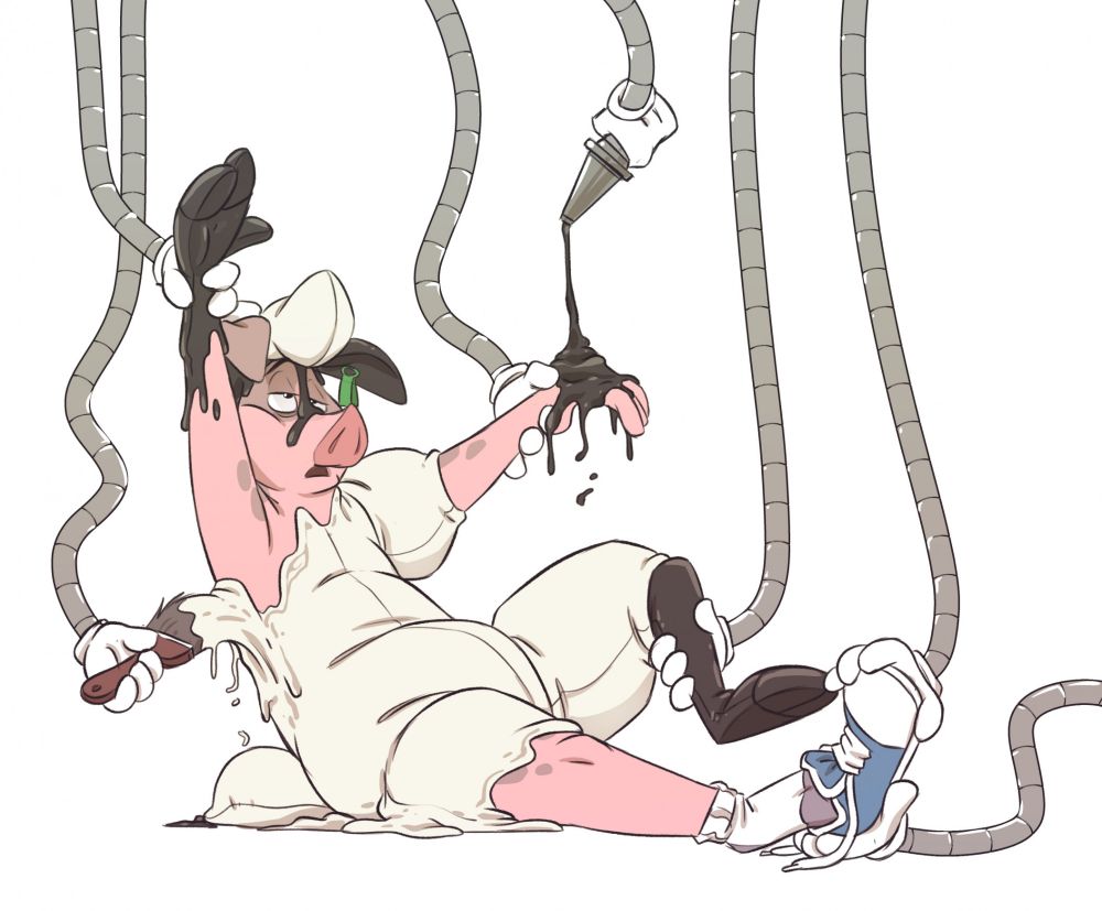 A picture of an anthropomorphic pig character in the process of being transformed into a puffy rubber sheep by an assortment of mechanical arms.