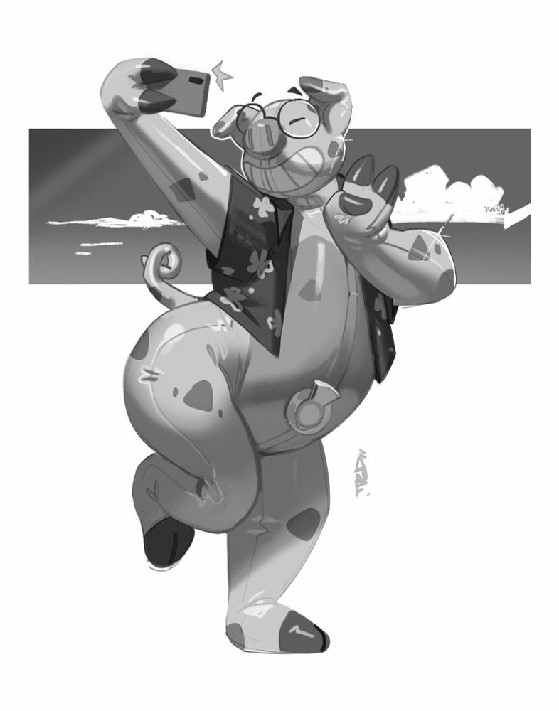 An inflatable pooltoy pig poses for a selfie