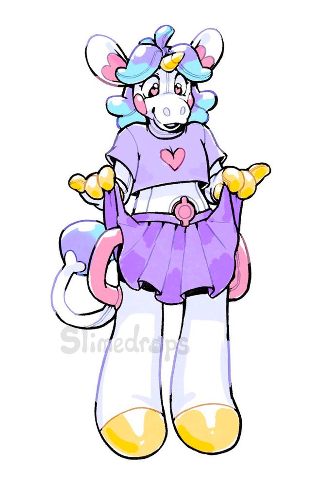 An inflatable unicorn dressed in a cropped t-shirt and matching skirt, each framing the inflation nozzle on their belly, lifts the pleats of their skirt to show off their prominent hip handles.
