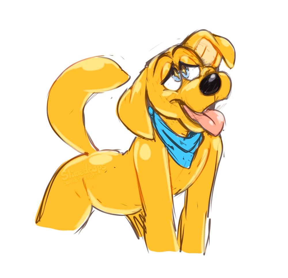A glossy yellow anthropomorphic Labrador is on all fours with their tongue lolled and a dazed expression. They appear to be made of solid rubber.