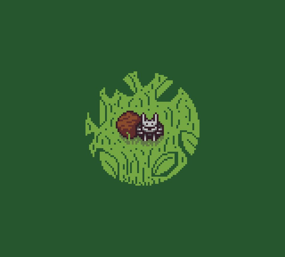 A small dung beetle with his prized poo ball in a field of grass and leaves.