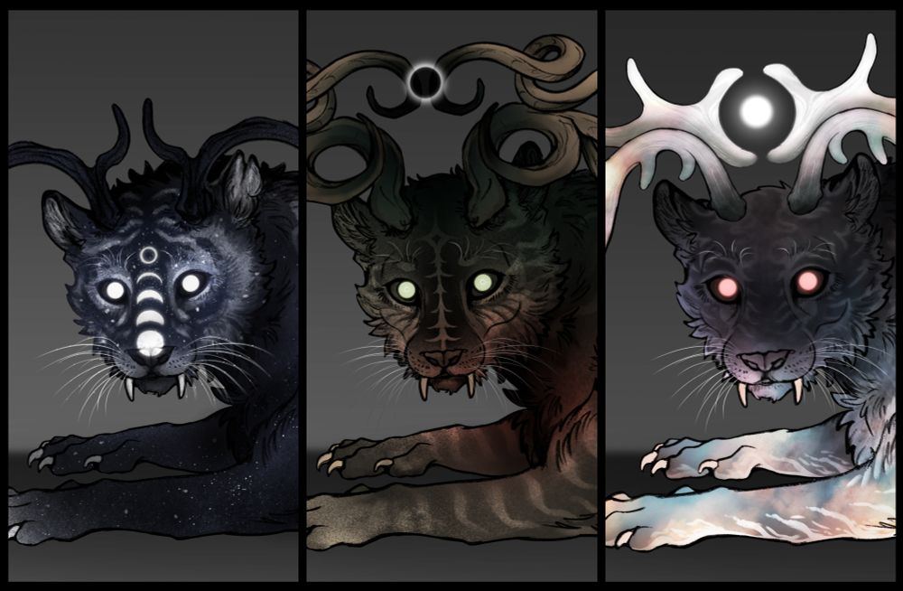 Three panels, each showing a different tiger design. Each has glowing eyes, sabertooth-like fangs, and antlers. The first has moon phases down its face, the second has a small floating eclipse between its antlers, and the third has a mote of sunlight between its antlers.