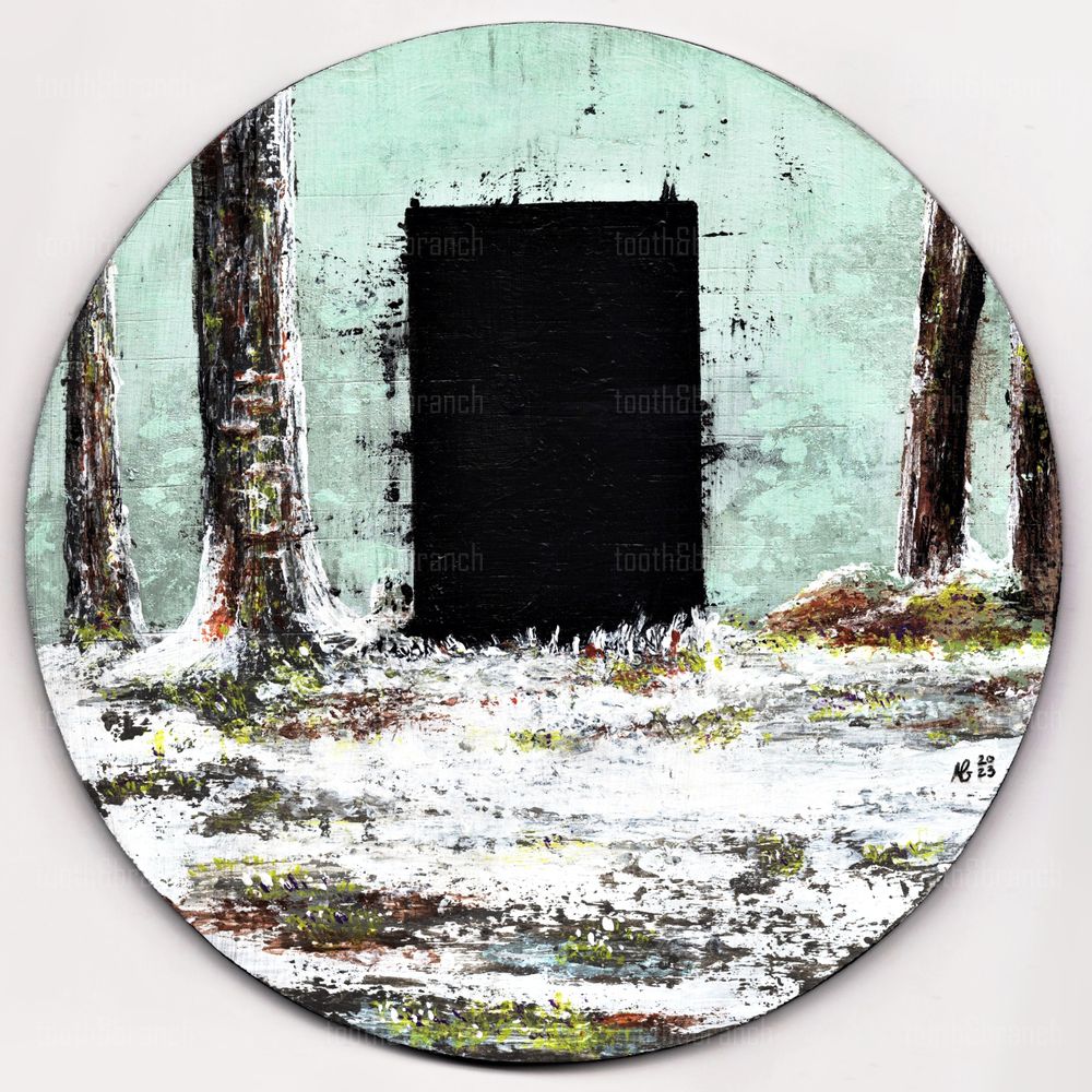 An acrylic painting on a circular board, heavily textured by use of a palette knife. Bits of greenery emerge from beneath thawing snow, which still clings to the sparse trees that surround a black void in the center of the composition. This dark rectangle is featureless, as though cut from the illustration, contrasted by the minty blue-green background.