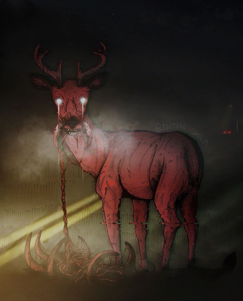 Digital art of a red stag with massive mandibles. It stands in the middle of a double-line road, entrails hanging from its maw as it feeds on fresh, steaming roadkill. The air is crisp and the beast's breath hangs around its face. It is glitchy in places, distorted, and its white eyes glow with a trailing light that draws the eyes down toward the horrific sight below its snout. In the distance are the taillights of a passing car - perhaps the culprit responsible for the strike?