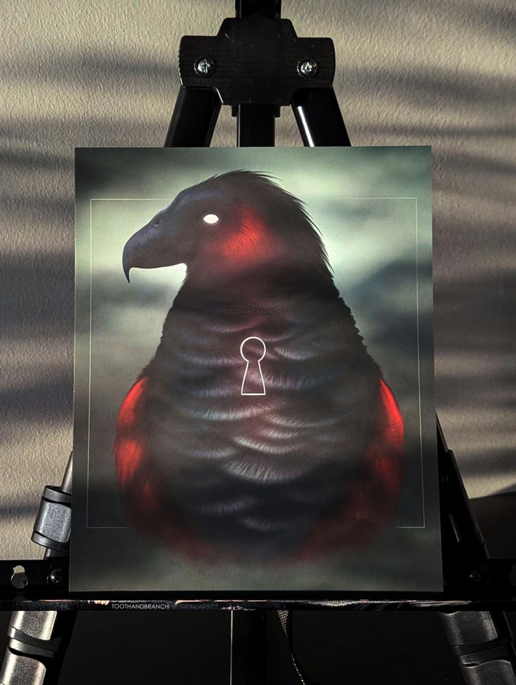 Print of a Dracula parrot with a lock symbol over the center of its chest. Art by me, tooth&branch.