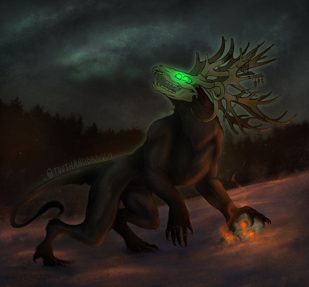Digital art of a beastial character running on all fours through a dark field at night. The snow underfoot is illuminated by a humanoid skull the creature is pushing into the snow; fiery orange energy trails up from it like smoke. The creature has a muscular build with a long tail ending in a tuft of hair, clawed hands, and a stag skull face with a massive bunch of antlers. Its eyes glow green and its head is turned up toward the overcast sky.