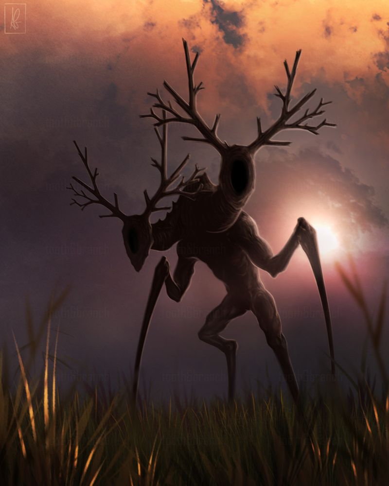Digital painting of a creature at sunset. Peaking out from behind the clouds, the sun illuminates the woefully situated viewer in POV as they are spotted amongst tall grasses in the foreground. The creature has long, stilt-like limbs and two heads, each with empty holes for faces and large antlers.