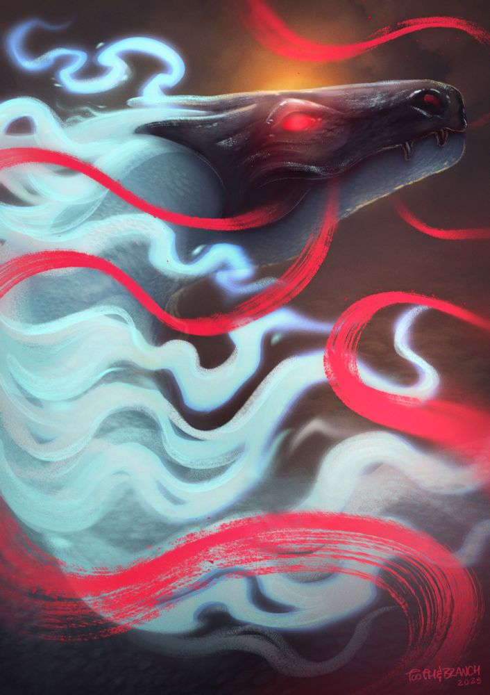 Digital illustration by me, Tooth&Branch, of a spectral dragon bust (neck and head) with a metallic helmet forming the top half of its head. Its eye glows red, and ribbons of the same vibrant colour spill from beneath the mask, twirling decoratively around the subject.  The dragon has a wispy mane of ghostly tendrils flowing around it. In the background, the morning sunrise shines over low hanging clouds.