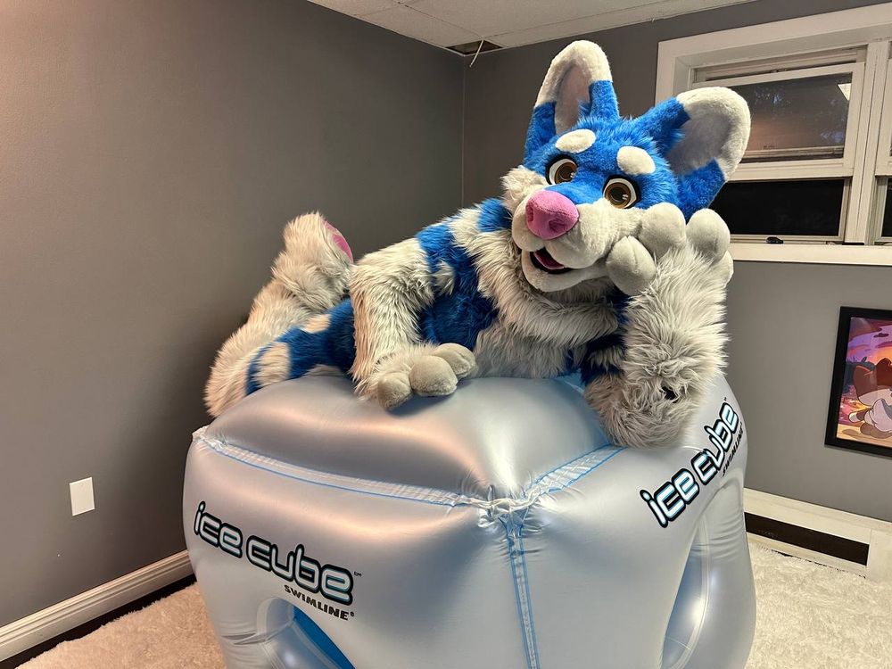 Kemski on top of an ice cube pooltoy.