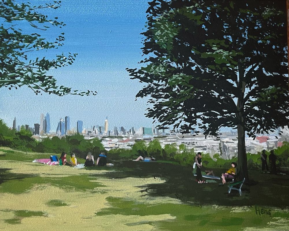 A painting of Riverview-Fisk Park in Jersey City on a sunny day, showing people relaxing on the grass and sitting under trees. The Manhattan skyline is visible in the background under a clear blue sky.