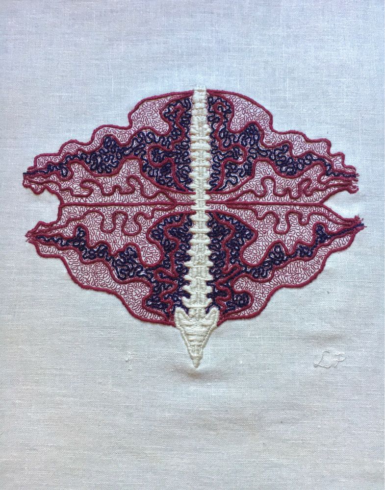 Sensorium (2016) 

In the centre of some bone white linen, there is a spine embroidered in a thick satin stitch. Emanating from the spine are thick burgundy lines in an undulant oval shape. This oval is bisected across the middle. In the top half, there is a section outlined in burgundy filled with coiling blue lines and a similar section in the bottom half. The rest of the undulant oval is filled with fine coiling burgundy lines. The spine is very straight, the rest of the embroidery is very coiled and busy. Lia’s initials are stitched in fine thread the same colour as the cloth at the bottom right.