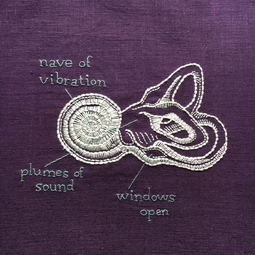 Nave of Vibration (2017) 

An embroidery of an inner ear done in bone white thread on dark purple linen. The centre of the spiral is labeled “nave of vibration”, the body of the inner ear is labeled “plumes of sound”, and the tubes are labeled “windows open.”