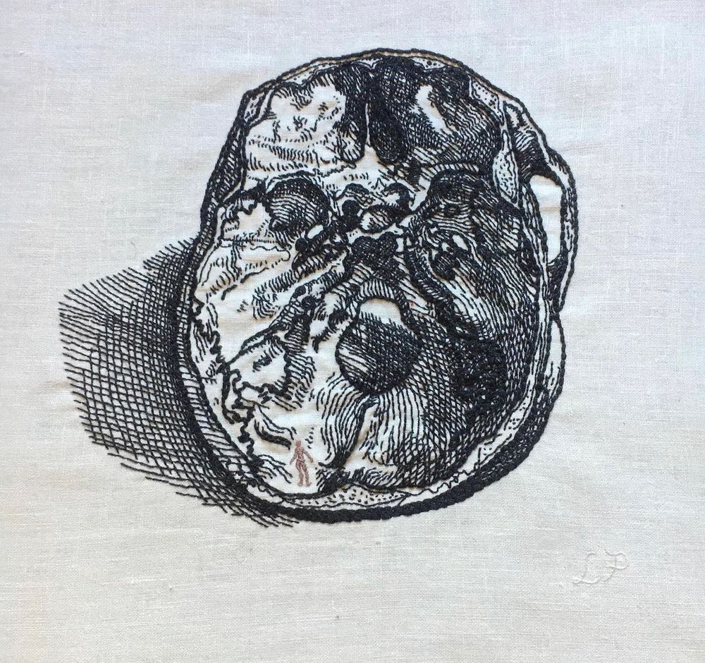 woman in skull (2016)

An embroidery on bone coloured linen of the inside of a human skull looking down from a cut open top done in thin black thread. The textures make it look like the Vesalius woodcut it is based on. In the bottom left corner of the skull there is the tiny silhouette of a woman done in bronze thread. 