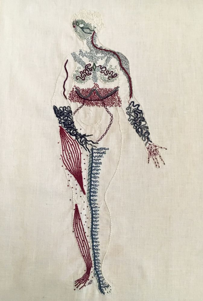 Body Map (2016)

An outline of a naked woman is embroidered on linen in the same bone white colour as the linen. She stands legs together, her right hand covering her groin, her left hand, palm up, extended slightly to her side. She looks to the right. Her entire body except for her belly is covered in intricate markings representing different neurological sensations. Her face is a mask of green lines, feathery grey lines cover her shoulders and chest. There is a thick band of intricate burgundy stitching around her waist. Her forearms and hands are covered in thick blue undulant lines. Her right leg has bands of burgundy along the muscles, with small dots around them. Her inner left leg has a thick line of blue running up it, with thin branches spreading towards her outer leg.
