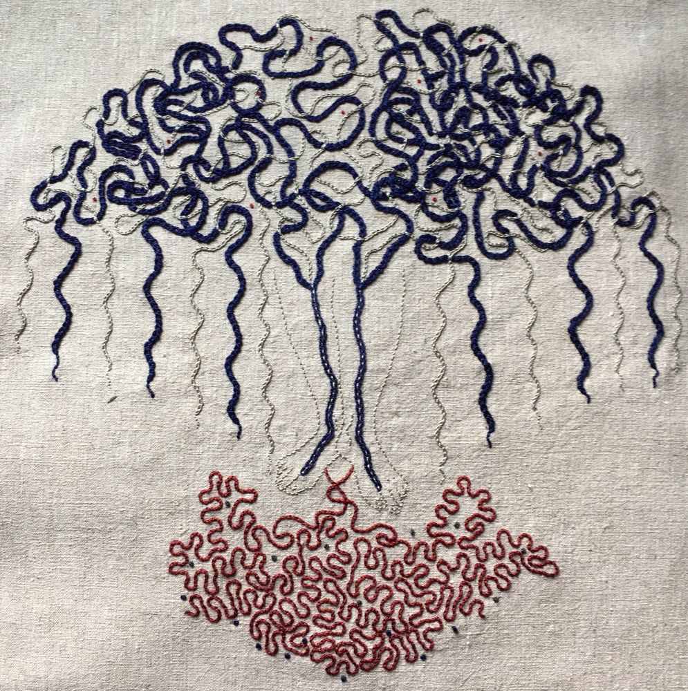 An embroidery on a pale natural linen, there is the pale outline of a woman’s lower legs and feet, heels together, toes apart. From the soles of the feet, thick red/orange lines coil beneath. From the big toes moving upwards, thick blue and off-white lines rise up through the inner calves and branch off at the knees. These lines coil and intertwine in a brain-like shape, and then move back down in wavy lines like a wide skirt around the ankles.