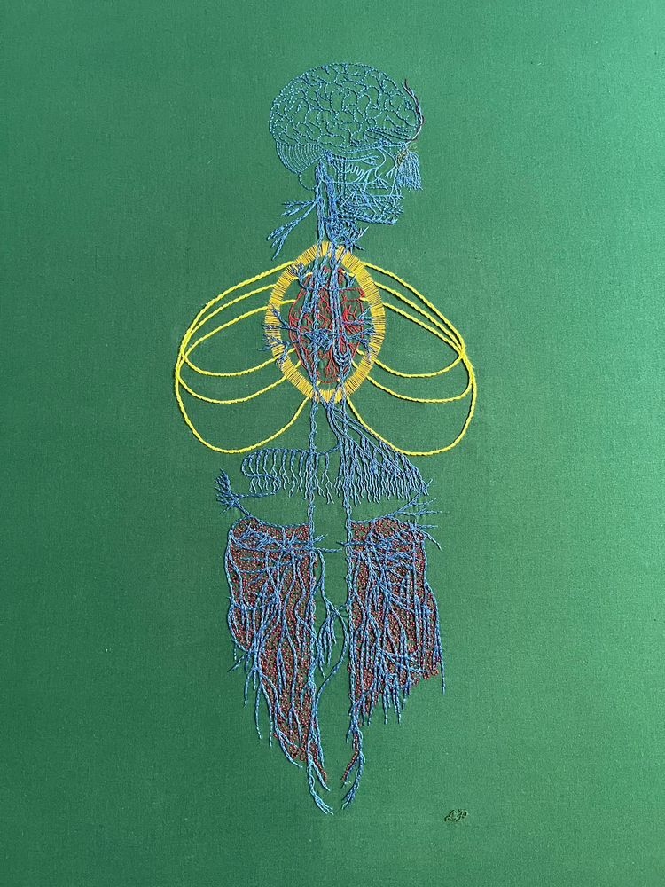 the wandering ghost (2024)

An image of an old engraving of a vagus nerve embroidered on green cotton. The main nerve lines are in blue chain stitch in perlé cotton. The brain and some of the face is in the same thread in backstitch. Details in the face are in single strand floss. A bright red anatomical heart is in whipped back stitch. Around it a bright golden yellow halo in a vesica piscis shape is in single strand thread. Three sets of ribs are in bright green/yellow stem stitch. There are some tiny details in different colours along some of the nerves. Burgundy roiling with sparse tiny black French knots are in the gut area. The nerve endings in the diaphragm area are lengthened with one and two strand whipped back stitch. Lia’s initials are stitched in green thread in the bottom right.