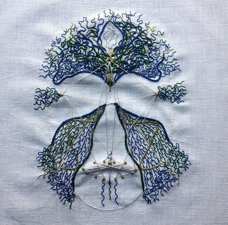 paresthesia (face) 2016

An embroidery of the outline of a face in bone coloured thread on bone coloured linen. The forehead, cheeks, jaws, and temples are covered in filigree lines in dark blues, greens, and yellows. There are French knots spaced out along the lips. Lines of beige strands of thread are strung from the knots across the face in a geometric formation.