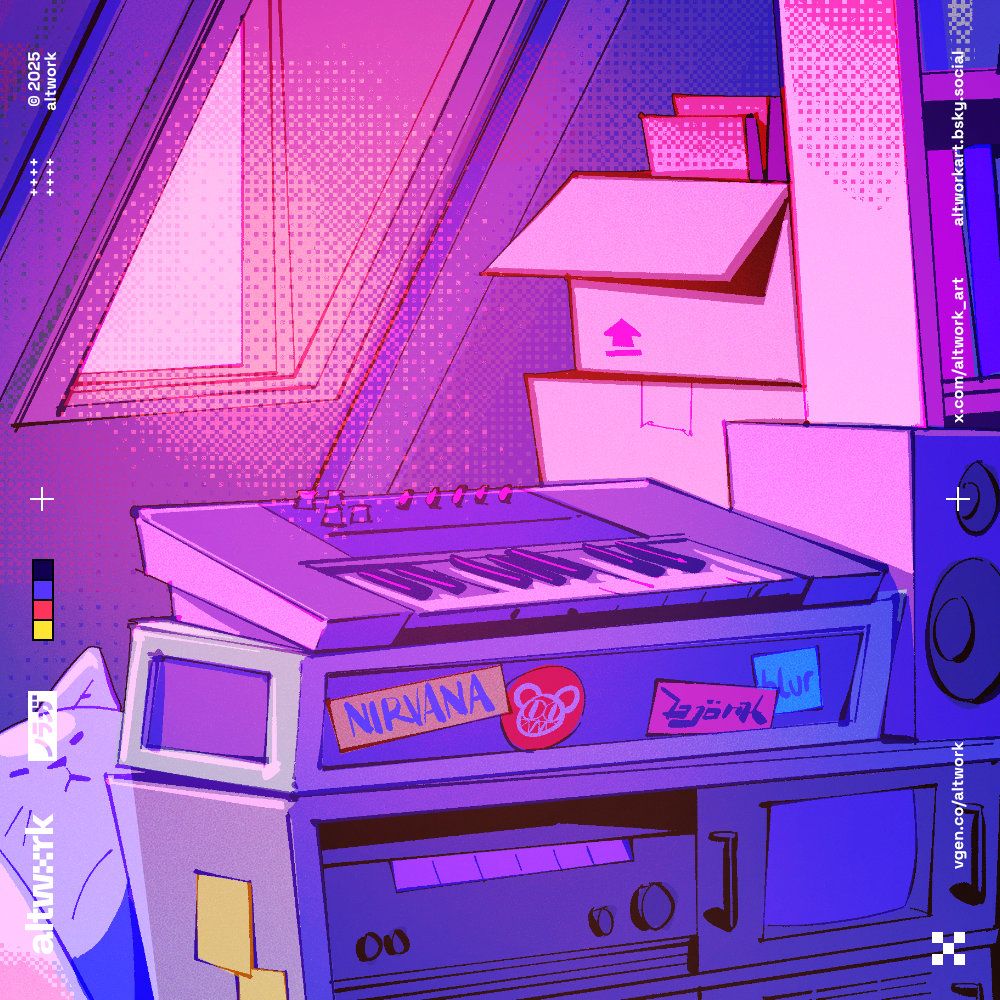 An illustration of a synthesizer in an attic.