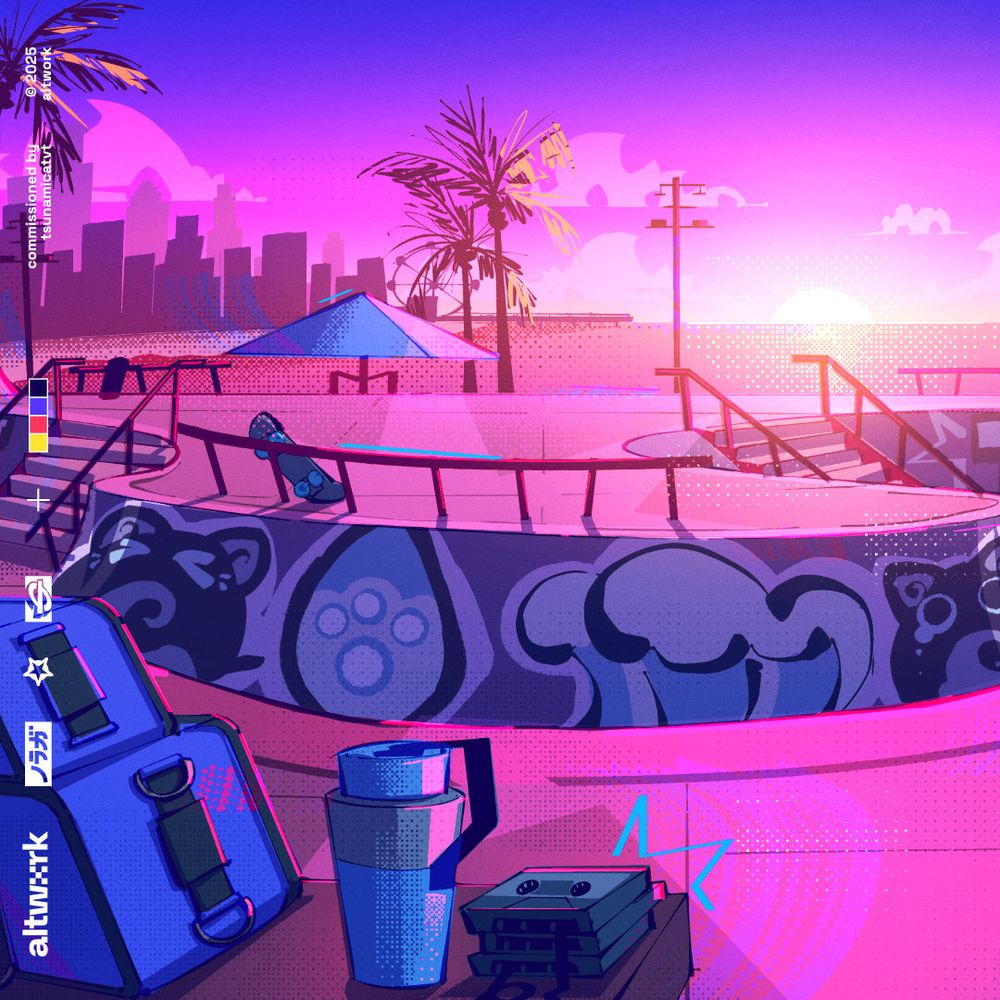 An illustration of a coastal skatepark during a beautiful sunset. Commissioned by TsunamiCat