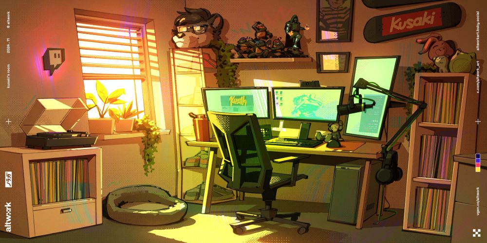 An illustration of a room lit by sunlight through a window; Teenage Mutant Ninja Turtles and Dr. Doom figurines on a shelf; several pair of sneakers inside a container; a computer desk with a streaming setup; a record player. Commissioned by Kusaki.