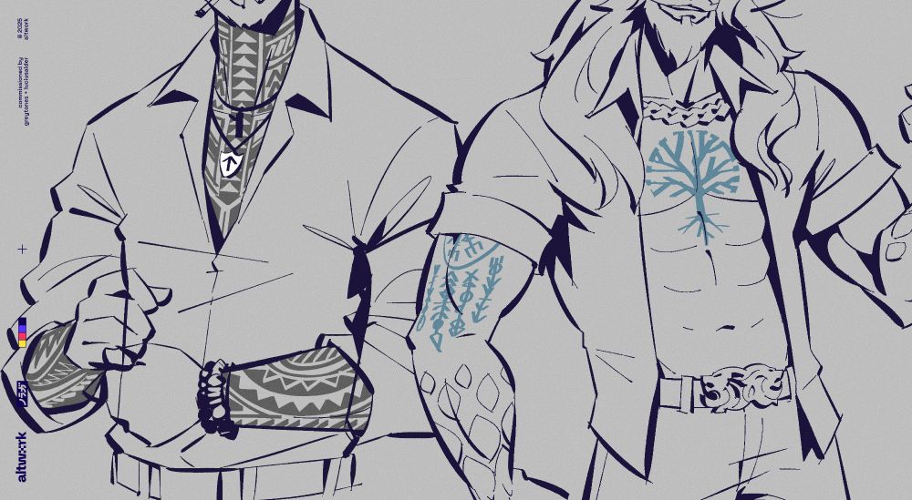 An illustration of two hot men, black and white line art.