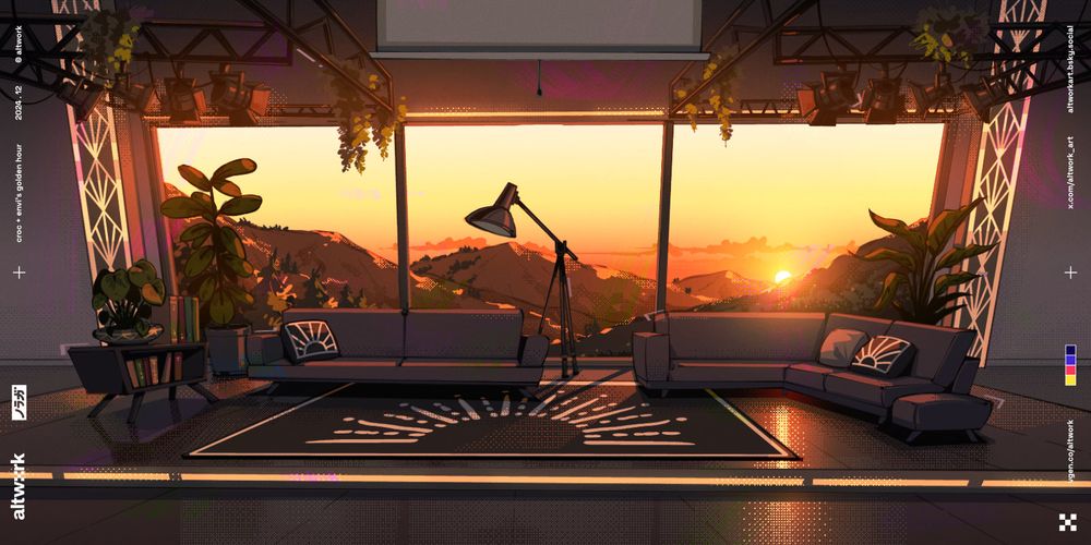 An illustration of a fancy talk show set of 'Golden Hour'; dark brown sofas, a carpet with a golden logo, art deco styled ornaments, a window showcasing a sunset among hills.