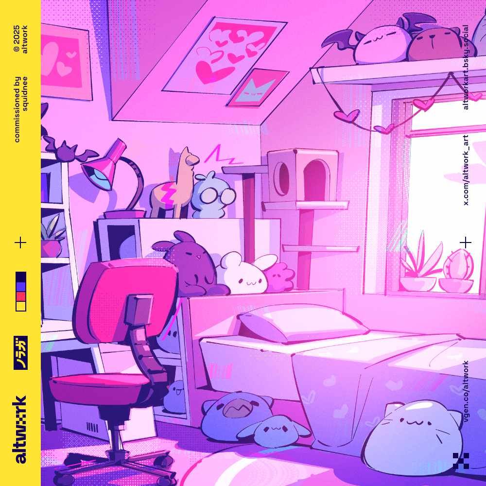 An illustration of a pink bedroom filled with cute plushies.