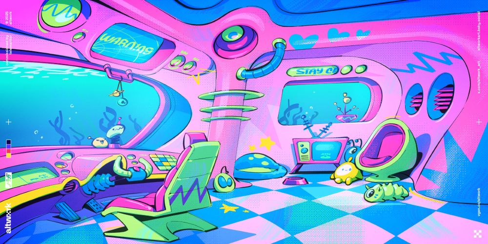 An illustration; the inside of a wacky post-modern alien spaceship; underwater.