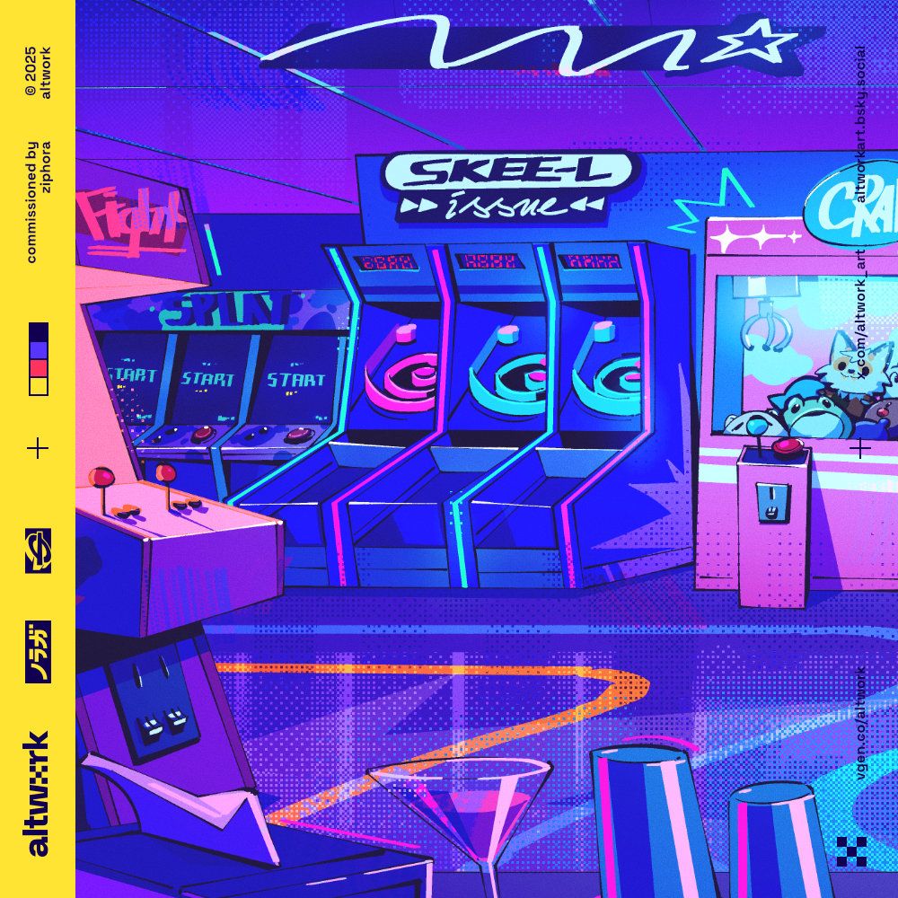 An illustration of an arcade; a claw machine, several skee-ball and arcade cabinets.