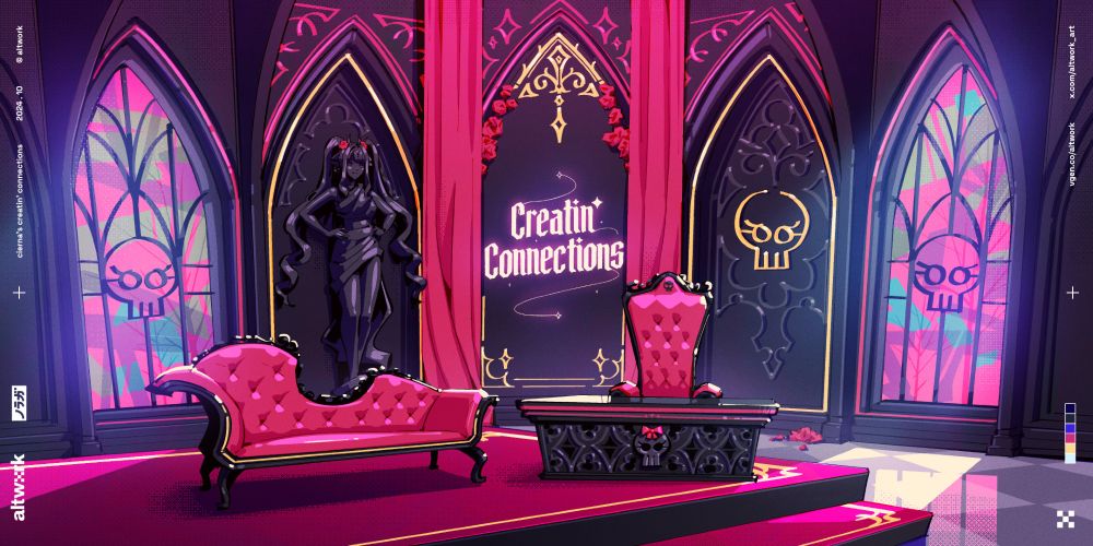 An illustration of a talk show set. Cierna's Creatin' Connections; rose and black gothic style interior.