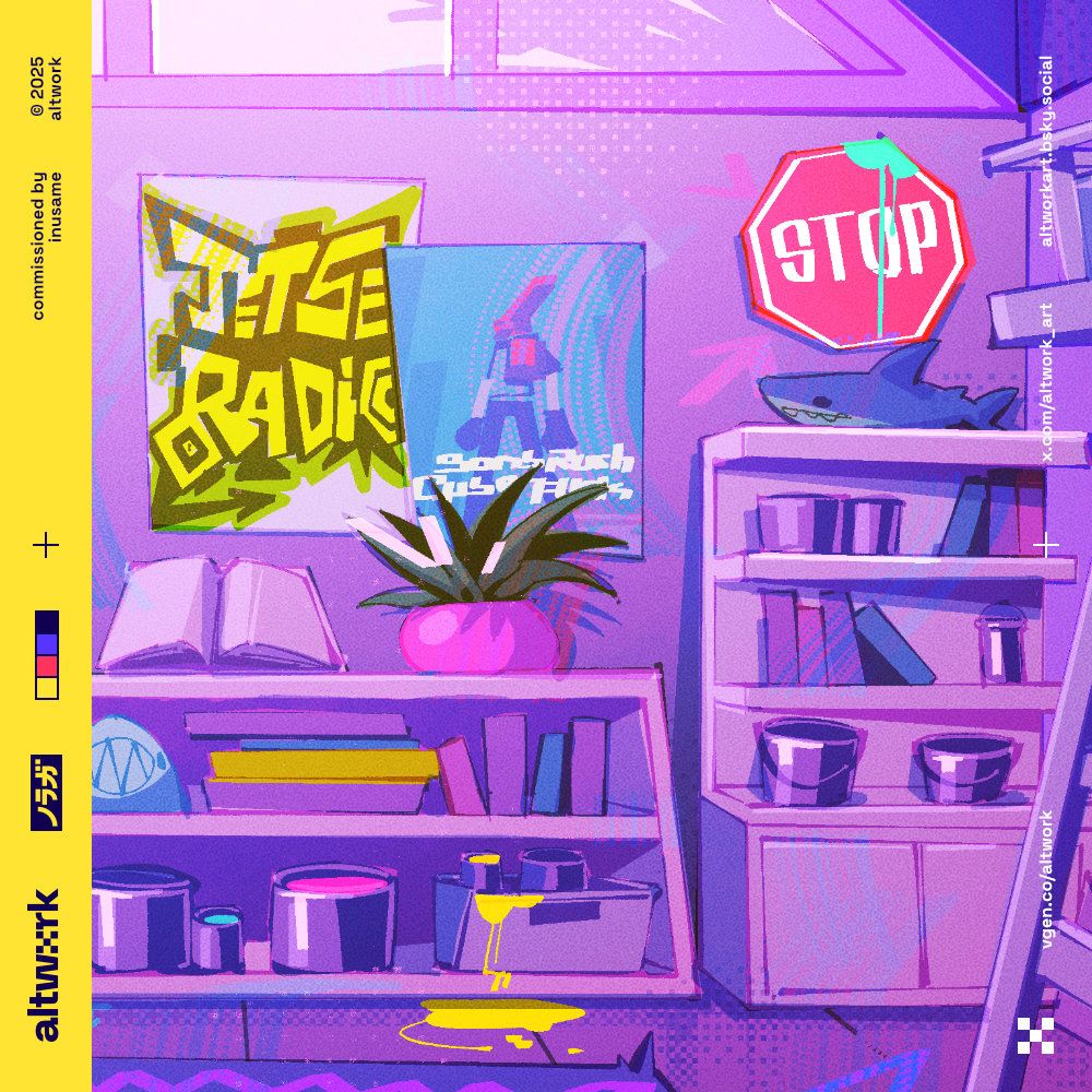 An illustration of an art studio; on the wall: Jet Set Radio and Bomb Rush Cyberfunk posters; an IKEA BLÅHAJ sitting on a shelf among paint buckets and spray paint cans.