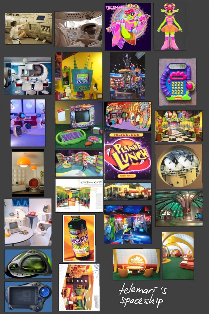 A mood board; late 90s-2000s nickelodeon merch, teletubbies set, wacky pomo designs, and  weird windows media player skins.