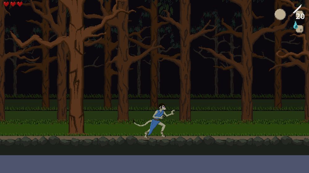Screenshot of a side-scrolling section of the Zelda-like adventure game PROUDHEART showing the player in a dark and gloomy forest.