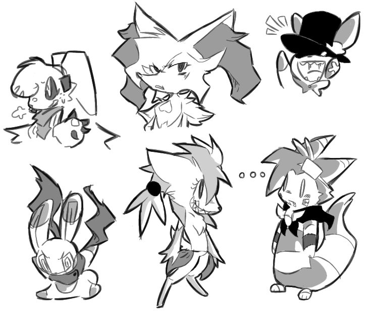 6 drawings of pokemon original/fan characters created by me, in order of left to right, the species are lopunny, braixen, plusle, spinda, shaymin and furret