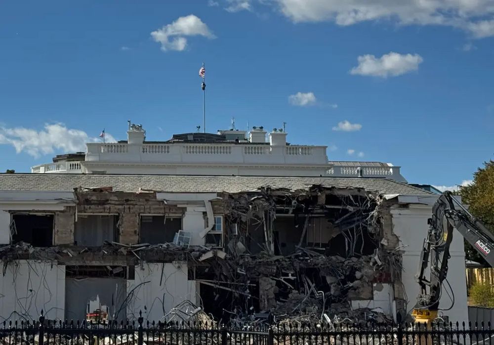 The destroyed face of the East Wing of the White House - history being bulldozed for an event space.