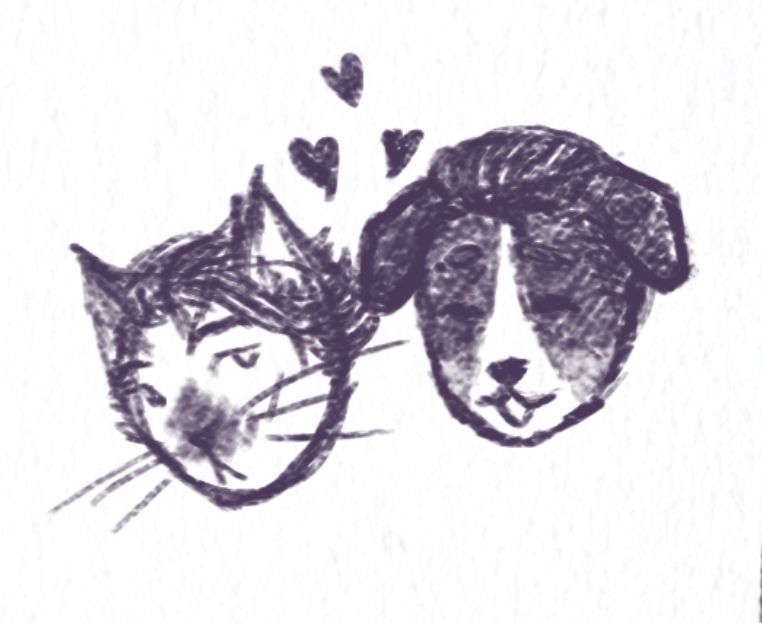 chibi style headshots of viktor as a cat and jayce as a dog with three little hearts above their heads