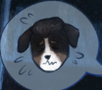 a speech bubble on a dark background, within it is jayce as a dog looking distressed with his eyes squeezed shut, a wobbly line for his mouth, and sweat drops flying away from him