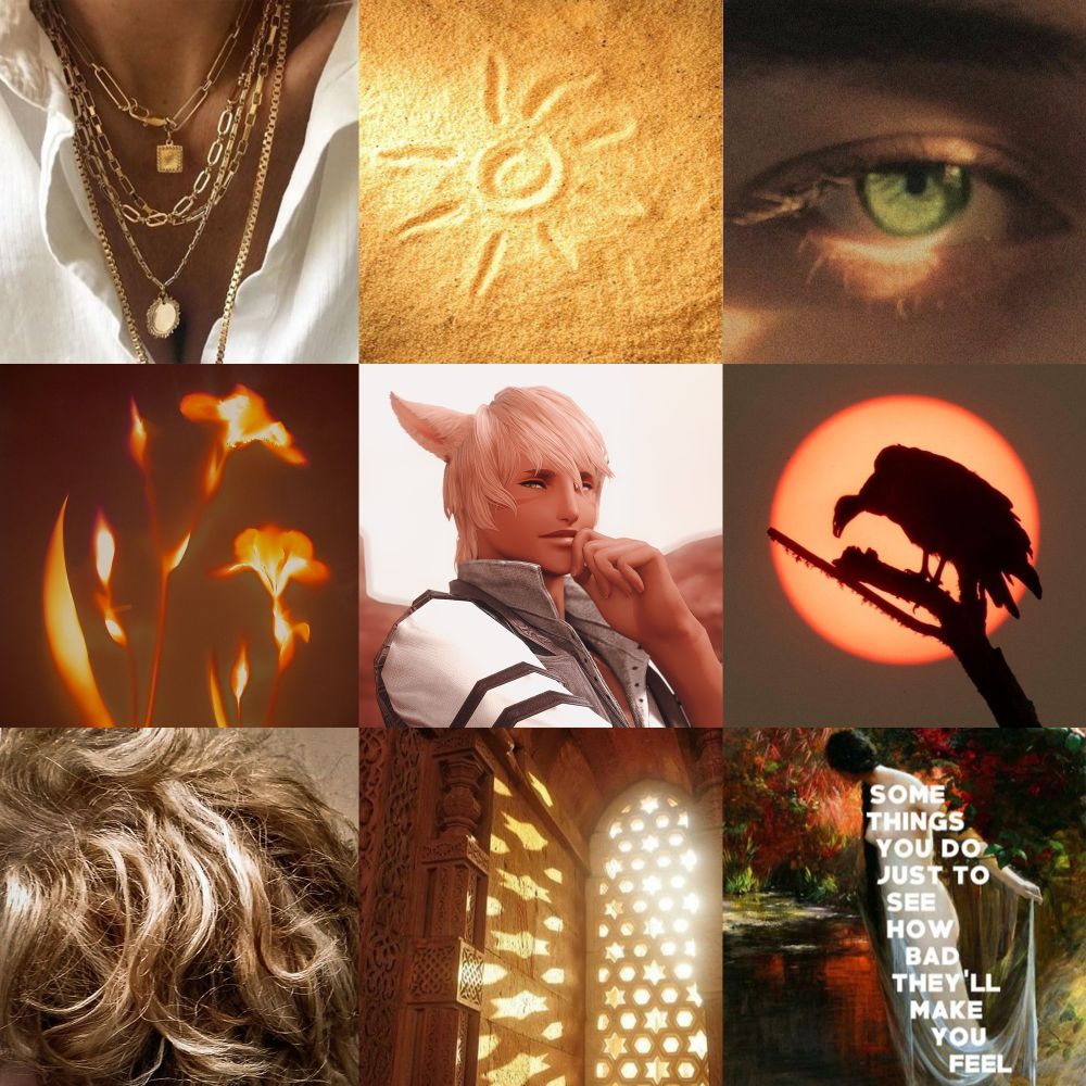 oc aesthetic meme, nine images in a grid. top to bottom/left to right:

1. an open white shirt with stacked gold necklaces
2. a photograph of flowers lit in a way that makes them look like they're on fire
3. tousled blonde hair
4. a sun drawn in yellow sand
5. screenshot of j'akhi the most special boy in the world 
6. light coming in through a cutout window 
7. closeup of a light green eye
8. a vulture in front of a low sun
9. the painting "ophelia at the river's edge" by carlos ewerbeck with text on top that says "some things you do just to see how bad they'll make you feel" 