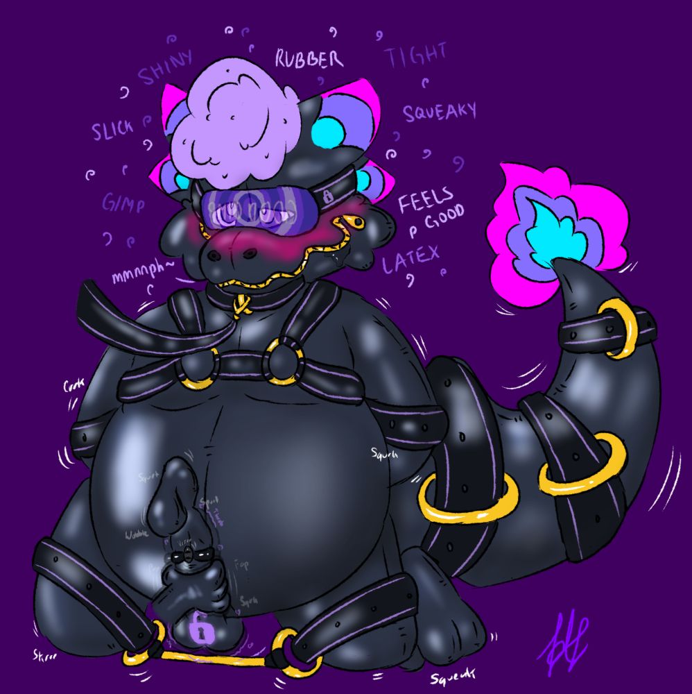 E.D. the soundbyte, now clad in head to toe (excluding the hair and ears) in black shiny latex rubber, included with black, violet-accented cuffs around his arms, legs, and tail with brass rings on each cuff. His harness, collar, and visor folows the same pattern.

He is currently wearing a visor that displays hypnotic purple pulses on his eyes as he is being hypnotized and conditioned to enjoy being a good permagimp.

Bellow is a leg spreader and a black latex cock with a purple unlock symbol, throbbing in arousal.

As reward for accepting his gimp self, he is currently bejng stimulated with a vibrator ring and someone's rubber hand jerking him off and E.D. reaches closer and closer until he orgasms. Spurting out a balloon on his tip filled with his seed.
