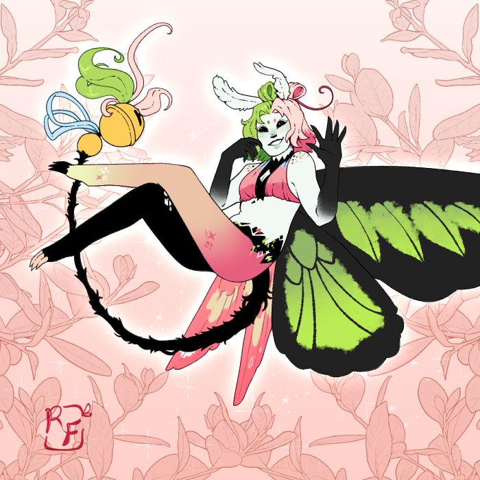 A pixie with green and pink butterfly wings floats among pink plants.