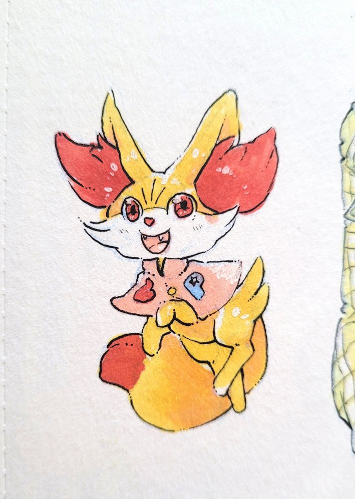A colored ink sketch of the Pokemon, Fennekin. It's wearing a light pink cape