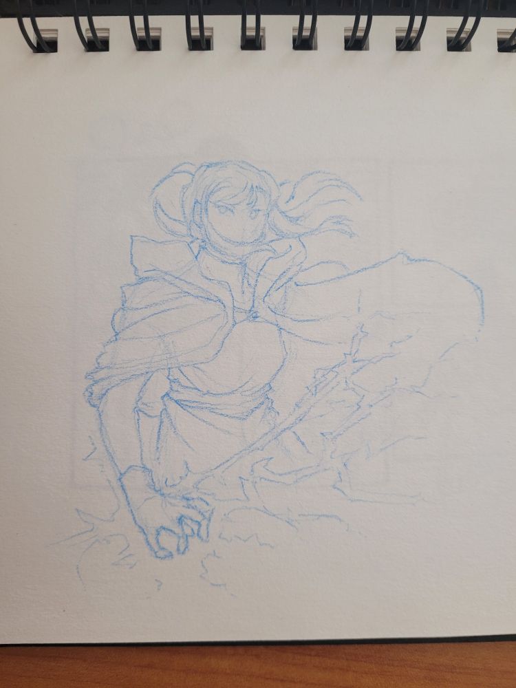 A blue pencil sketch of a woman with lightning coming out of her right hand